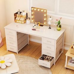 48 Inch Vanity Desk with 8 Fabric Drawers, Modern Makeup Desk for Bedroom & Dressing Room with Large Storage, Ideal for Home Office, Study, Pure White