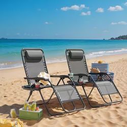 Brand New 2-Piece Light Gray Zero Gravity Black Metal Lawn Chair Set Adjustable Folding Beach Chair with Pillows and Cup Holders brand new in box $65