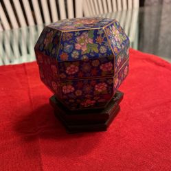Vintage Chinese Enamel Box With Original Wood Stand 