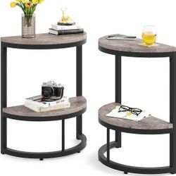 Tribesigns Set of 2 End Table Semi Circle, 2-Tier Small Half Round Side Tables with Storage Shelf, Industrial Accent Table Slim C Table for Sofa Couch