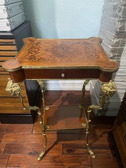 Antique French-Style Marquetry Side Table with Brass Mounts