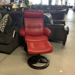 Oslo Leather Recliner With Ottoman Red Color 