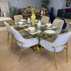 Barnard Clear Glass Top & Mirrored Gold Dining Room Set / 7pc