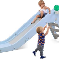 Toddler Slide, Baby Indoor Foldable Slide with Basketball Hoop & Ball, 63" Extra Long Slope, Non-Slip Steps, Sturdy Plastic Outdoor Climber Playset fo