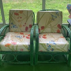2 Green Vintage Bamboo Chairs w/plastic Cushions