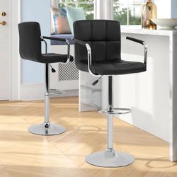 2 Modern Square Bar Stools, Height Adjustable Hydraulic 360 Degree Swivel, PU leather