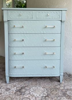 Gorgeous vintage restored blue green dresser with custom stenciling