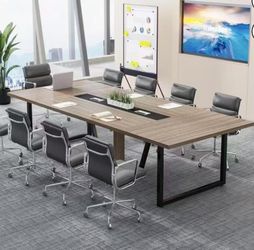XK00729AB 8FT Conference Table, Large Meeting Table/Podcast Table for 10 People, Business Style Wooden Training Table with Strong Metal Frame for Offi