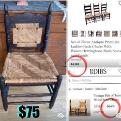 $75 Beautiful Antique Primitive Chair With Woven Herringbone Rush Seat over a 100 years old chair