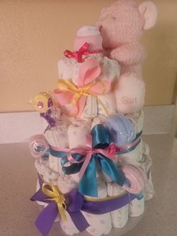 3 tier baby girl diaper cake w/ pink teddy bear plush and ribbon bows
