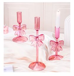 Pink bow glass candle holders 3pc