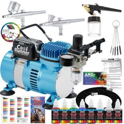 Master Airbrush Cool Runner II Air Brush Kit with Air Compressor Dual Fan
3 Airbrushes, 6 Color Acrylic Paint Set, Hose, Brushes & Learning Guide Manu