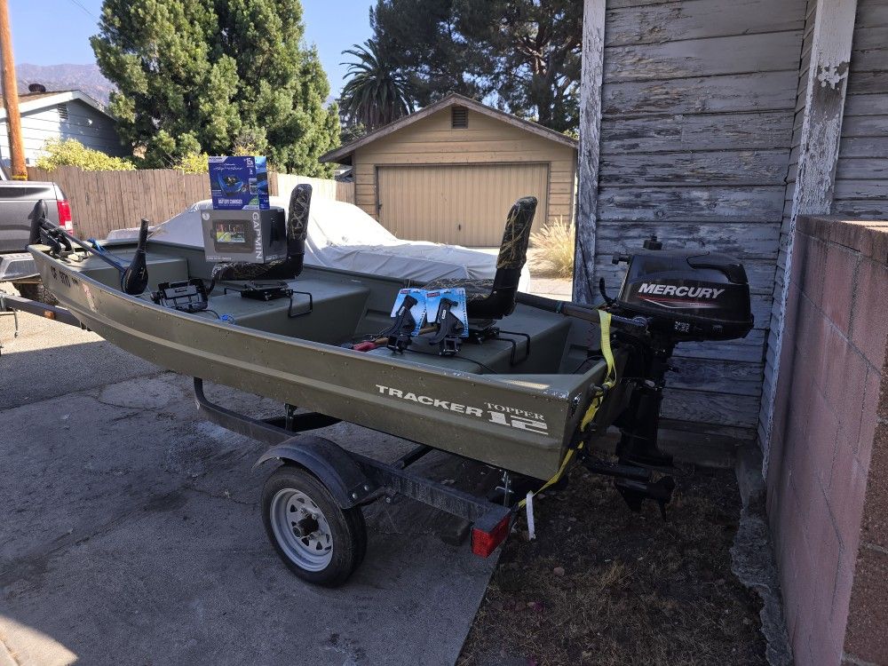 Tracker 2014 12' Alumium Johnboat, 2016 Karaven Trailer, Mercury 2021 5 Hp Outboard Motor, 4800 OBO