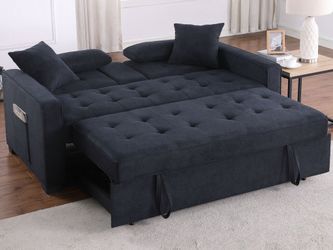 70"W Dark Gray Woven Fabric Convertible Sleeper Loveseat with Dropdown Console, Cup Holders, Charging Ports, Pocket, and Pocket Coil Seating