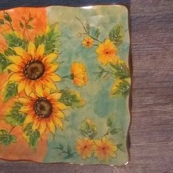 Maxcera Terra Cotta Sunflower Square  Plate 11 1/2" Hand Painted 