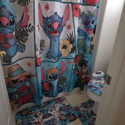 4 piece Lilo and Stitch bathroom shower curtain and rug  set