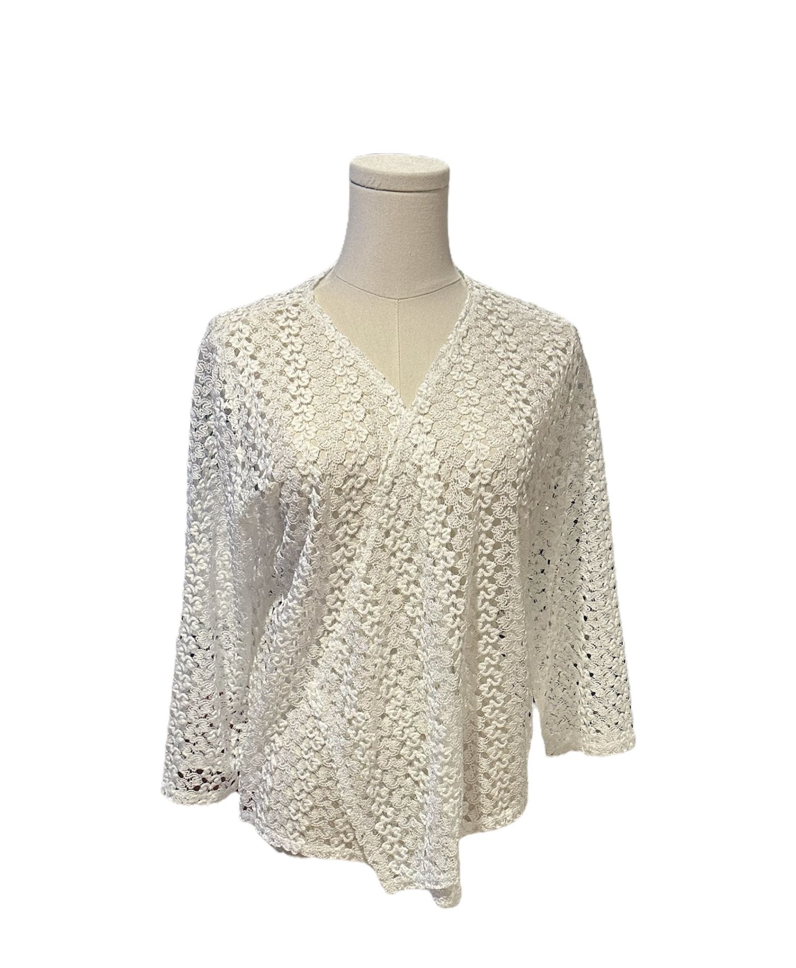 Onyx Apparel White Lace Knit Open Short Cardigan w/ 3/4 Sleeves Size Large