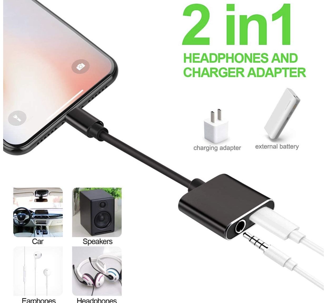 iPhone Headphone Adapter & Splitter, 2 in 1 Lightning to 3.5mm Headphone Audio & Charger Compatible for iPhone 11/XS/XR/X 8 7/iPad/iPod, Support Call