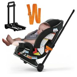 Foldable Car Seat Travel Cart with Belt, Car seat Carrier for Airport with Wheels and Compact Fold, Car Seat Trolley for Airport