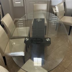 Glass Dinning Room Table With Chairs And Matching Living Room Tables Set. 