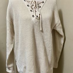 WISHLIST Chunky Oversized Knit Sweater Lace Up Tunic Beige Cream Womens S/M
