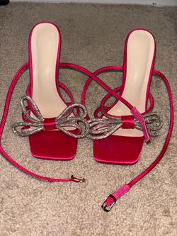Hot Pink Satin Heels with Rhinestone Bows 💎👠