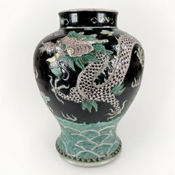 Chinese 19th Century Qing Dynasty Famille Noir Textured Carving Jar Vase Painted