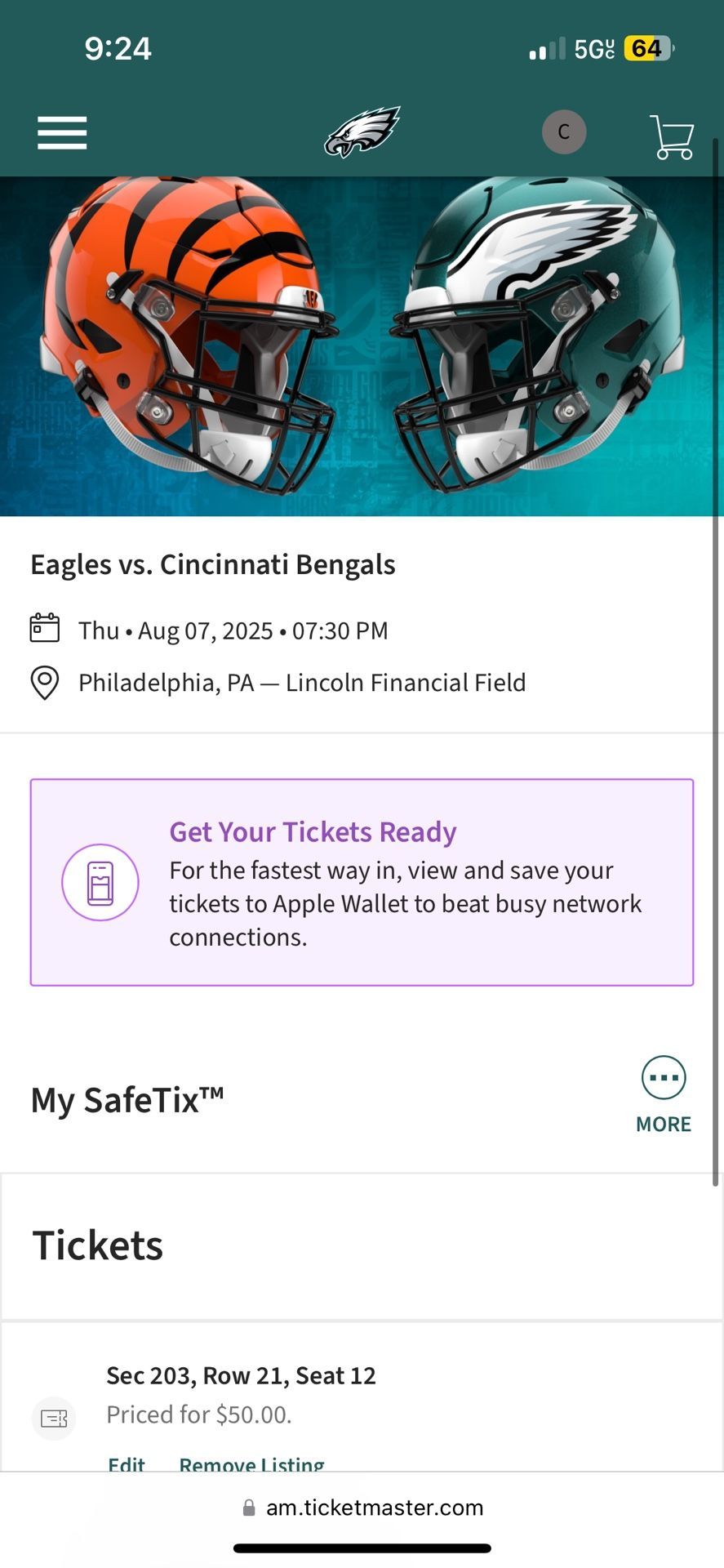 Pair of Eagles Tickets Preseason Game Cincinnati Bengals vs Philadelphia Eagles