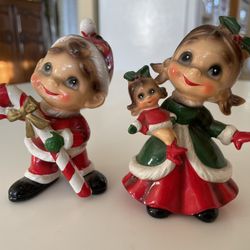 Josef Originals RARE Vintage Wee Folk Christmas Figurines Girl With Baby Doll And Boy With Candy Cane 