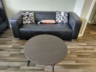 Black Leather Sofa & Round Wooden Coffee Table Set