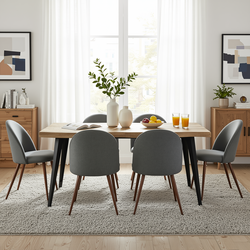 Homy Casa Lancelot KD Walnut 7PC Dining Set 63" Table with 6 Haven Grey Fabric Chairs Walnut Finish