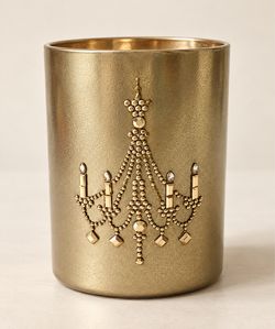 Gold Tone Decorative Candle Jar with Chandelier Rhinestone Design