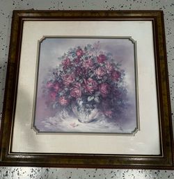 Vintage Julia Crainer Pink roses In Vase print signed frame brown 27.5” X 27.5”