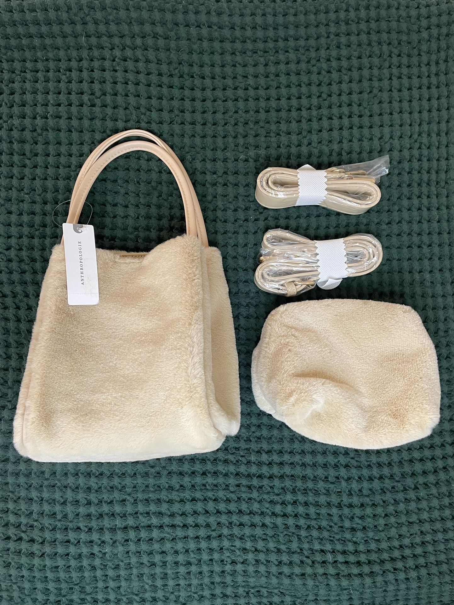 Anthropologie Hollace Tote: Faux-Fur Mini Edition, adjustable straps, beige