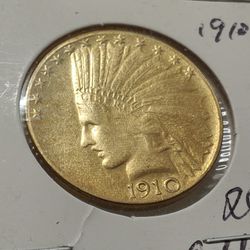 GREAT GEMINATE**1X1 CLONE** FOR  COLLECTABLES & SUOVENIRS**LIBERTY INDIAN HEAD $10 DOL. 22K. GOLD PLATED**US 1910 **