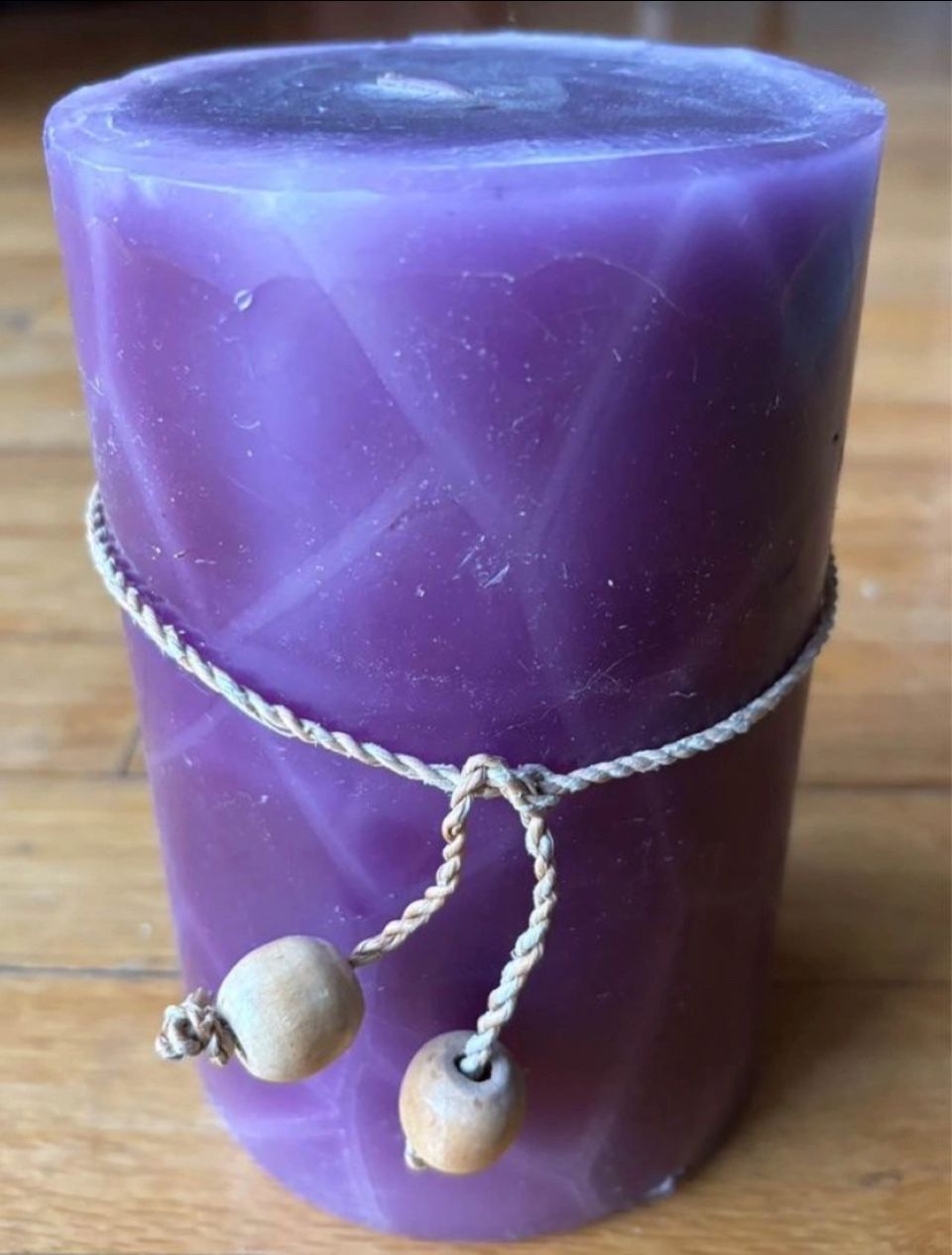 Purple Wax Pillar Candle with wooden bead & decorative twine detail, Like New / Never Used