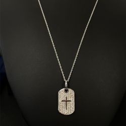 925 Sterling Silver CZ 16/18” Dog tag Cross Pendant 6.40g 177452
