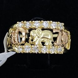 $750 Two Tone Gold Lucky Figure W Zirconia Ring