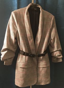 Gray Plaid Rouched-Sleeved Blazer with Belt