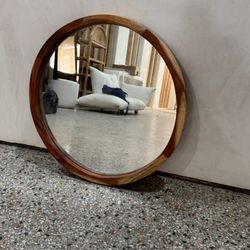 Round Wooden Wall Mirror – Solid Wood Frame – 21”