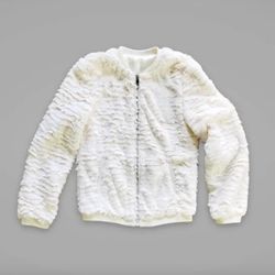 Off White Faux Fur Cropped Bomber Varsity Jacket Sz XXS