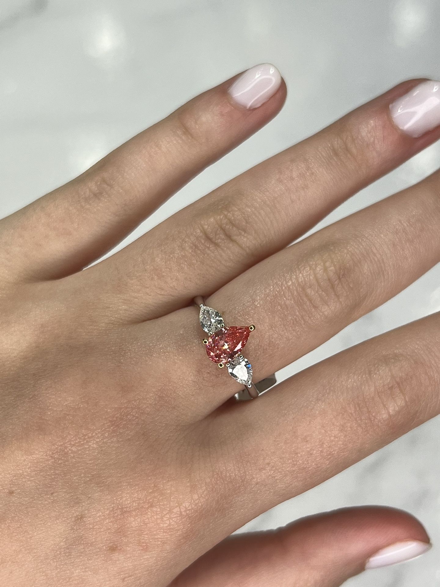 Lab Pink Pear Cut 2 Side Stones