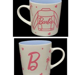 Barbie Pink White Collectible Ceramic Large 18oz  Coffee Mug Jacket Hearts Palms