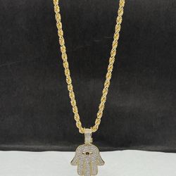 14k solid Gold rope diamond cut and Hamza hand with evil eye Diamond  pendant , necklance gold