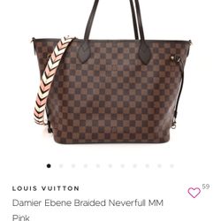 LOUIS VUITTON Damier Ebene Braided Neverfull MM Pink