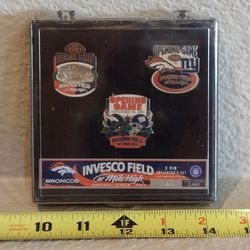 New Invesco Field Mile High Denver Broncos 3 Pin Collectors Set, Factory Sealed