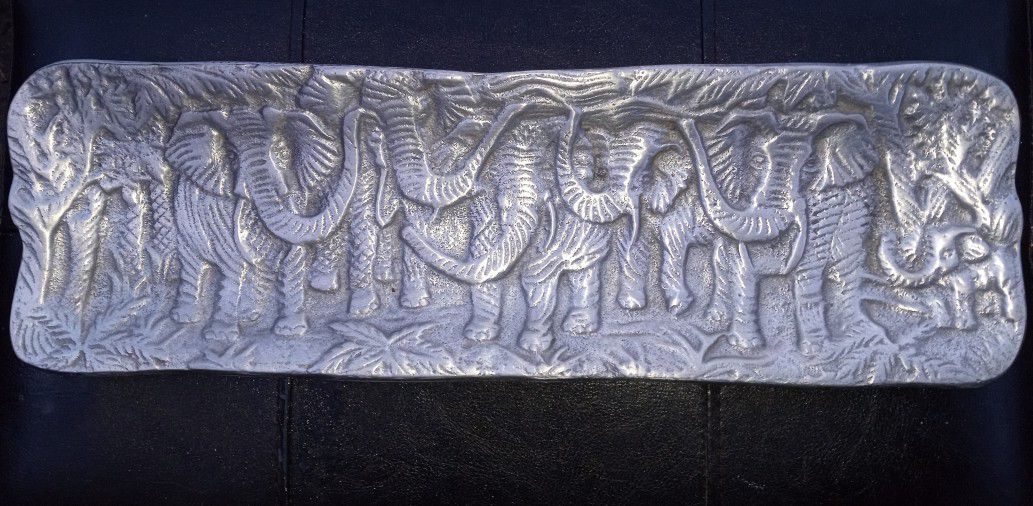 Tray Unique Elephants Relief Herd Pewter or Aluminum 16”