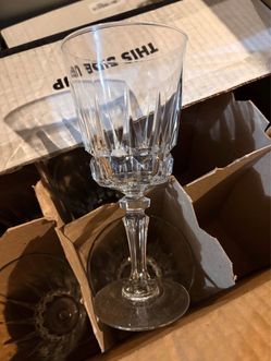Set of 8 Clear Cut Glass Stemmed Goblets / Wine Glasses