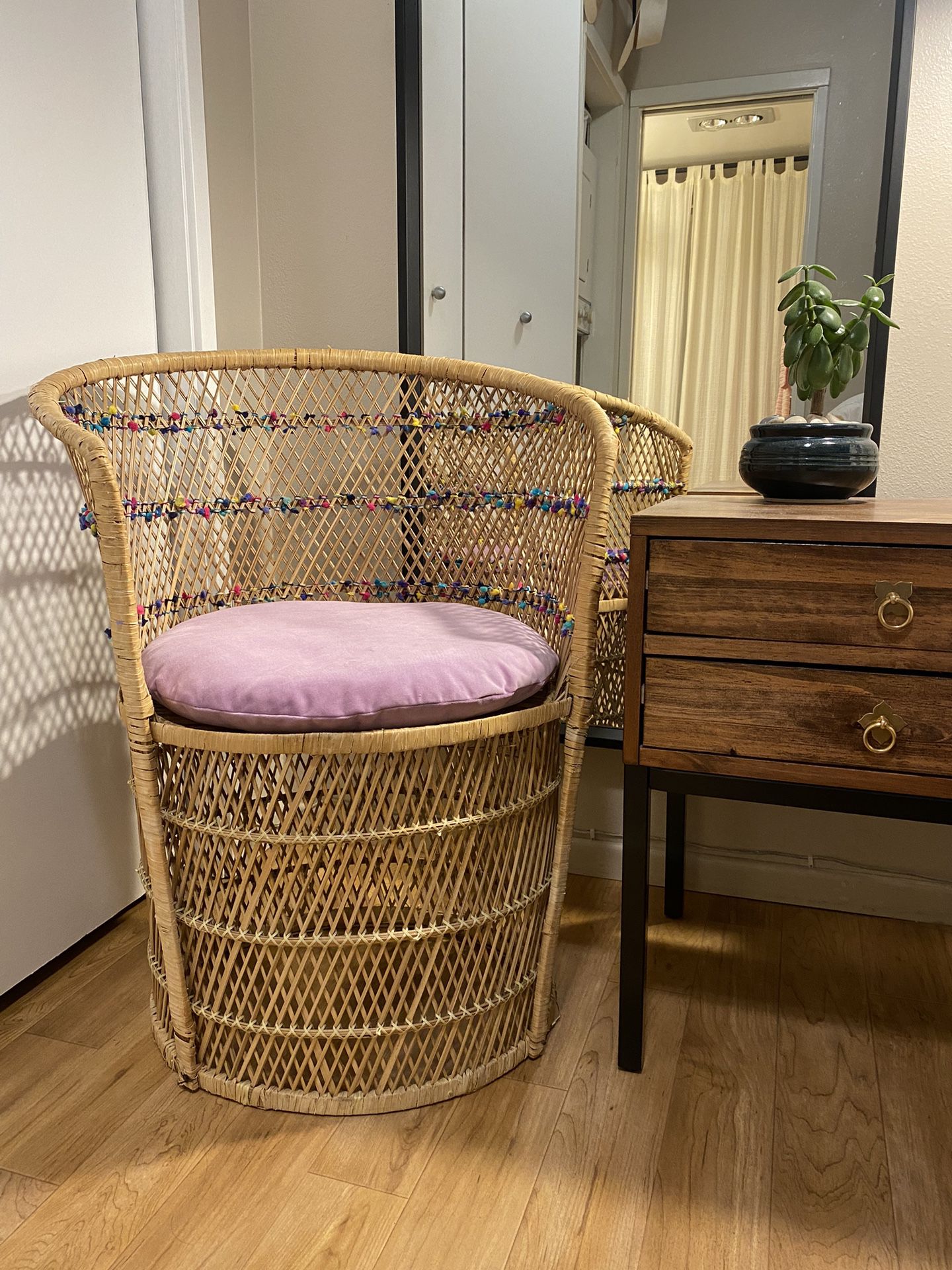 Lilac velvet cushion, rattan cane round back chair