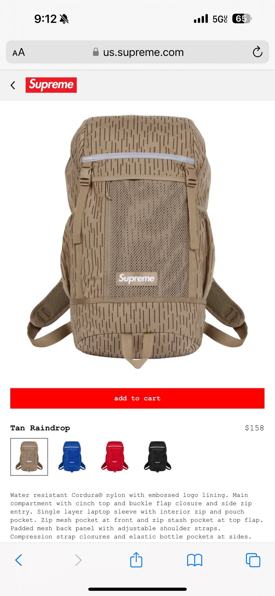 Supreme Backpack FW24 Tan Raindrop